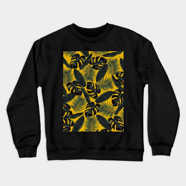 Tropical Black Green Leaves Pattern on Mustard Yellow Crewneck Sweatshirt by OneThreeSix